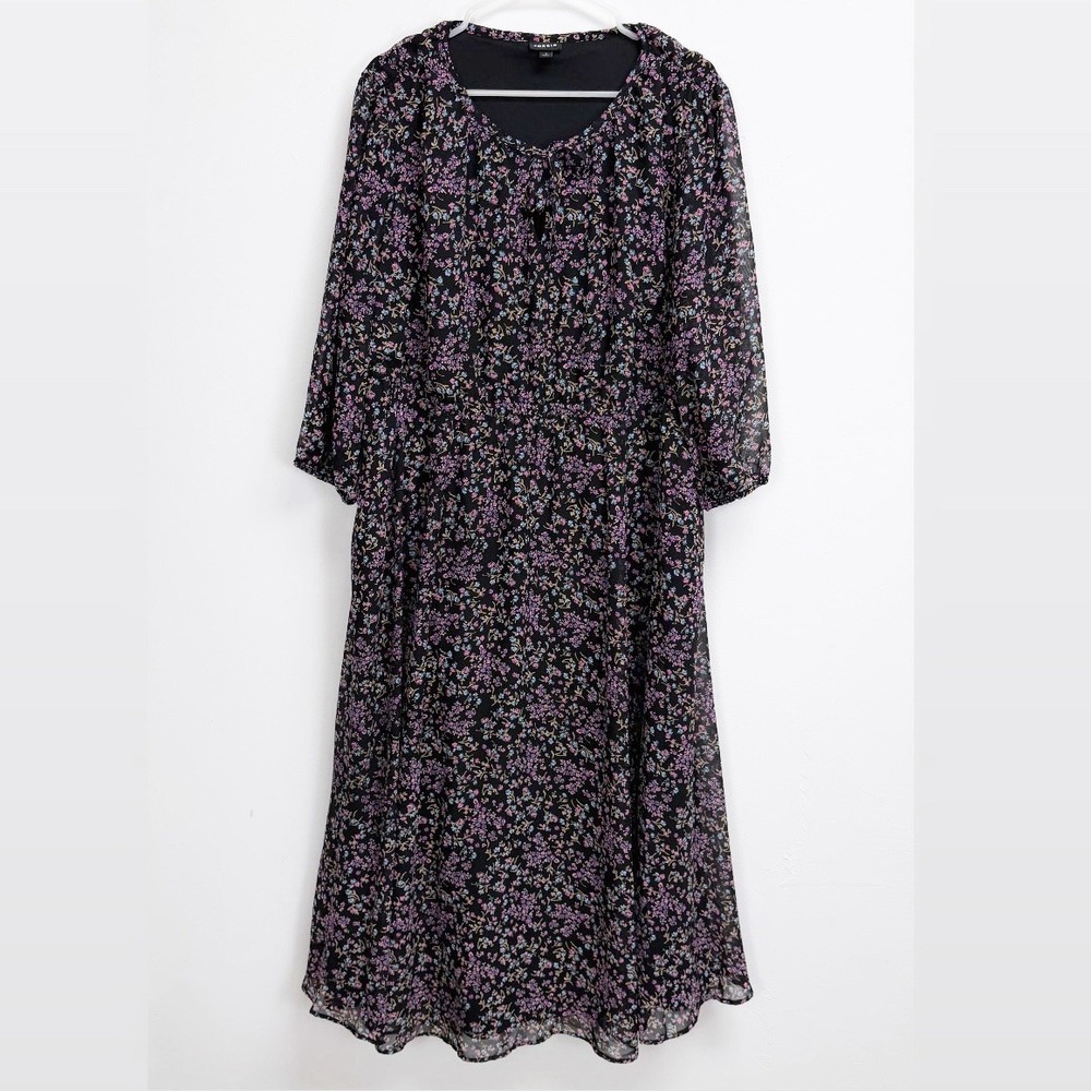 Torrid Dress Womens 1X Black Eliana Ditsy Floral Tea Length Chiffon Front Tie